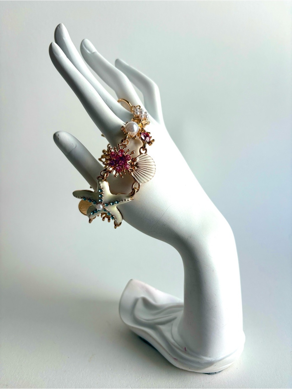 Gold Seashell Starfish Charm Bracelet Pink Coastal Jewelry